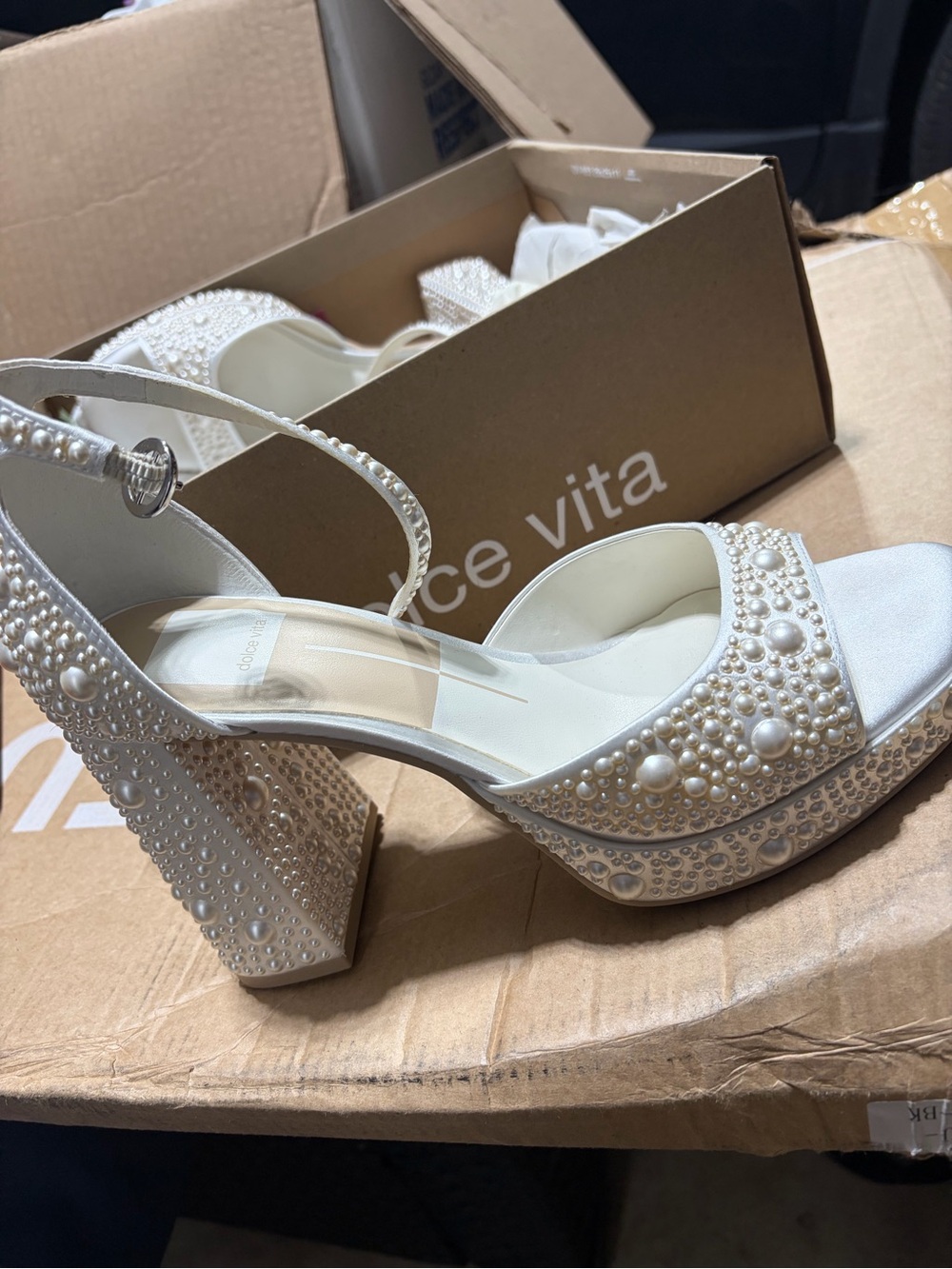 Dolce Vita Pearl-Embellished Cream Platform Sandals